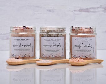 Detox Herbal Clay Bath Soak, Calming Lemon Lavender Bath Soak, Vanilla & Rose Bath Salts, Eucalyptus Bath Soak