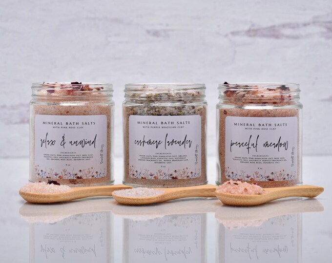 Detox Herbal Clay Bath Soak, Calming Lemon Lavender Bath Soak, Vanilla & Rose Bath Salts, Eucalyptus Bath Soak