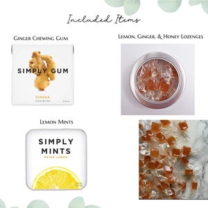 May include: A collection of items including a white box of Simply Gum ginger chewing gum, a round silver tin filled with lemon, ginger, and honey lozenges, and a white tin of Simply Mints Meyer lemon mints, alongside loose amber-colored lozenges.
