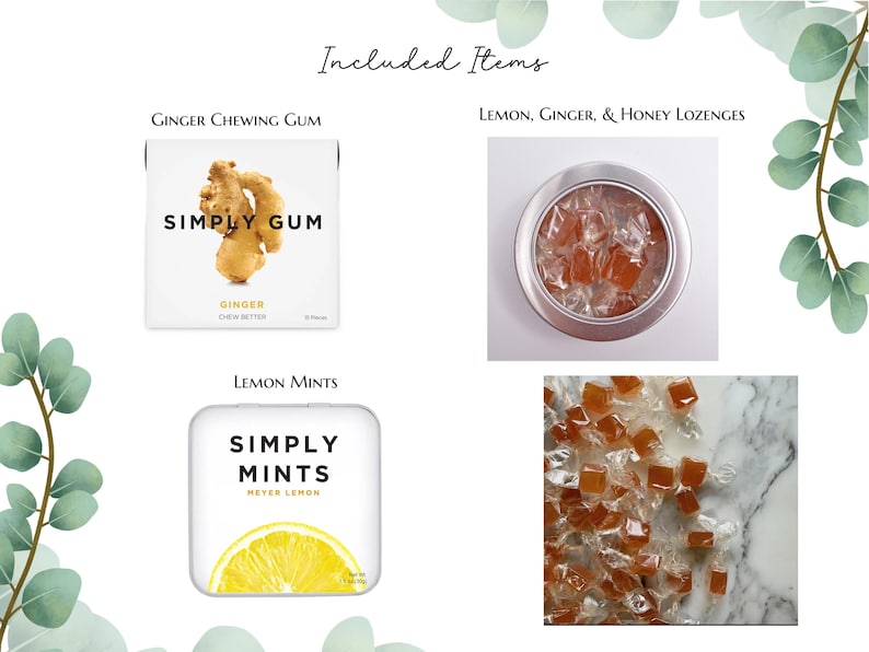 May include: A collection of items including a white box of Simply Gum ginger chewing gum, a round silver tin filled with lemon, ginger, and honey lozenges, and a white tin of Simply Mints Meyer lemon mints, alongside loose amber-colored lozenges.