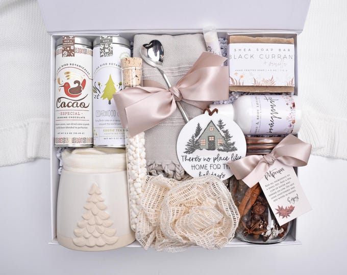 Christmas Gift Box For Women, Holiday Gift Basket, Hot Chocolate, Hot Cocoa, Comfort Care Package For Her, Cozy Throw Blanket, Self Care
