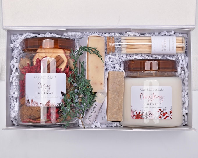 Christmas Winter Potpourri, Candle & Soap Gift Set, Holiday Basket, Unique Gift Box For Women, Self Care Package For Her, Hug In A Box