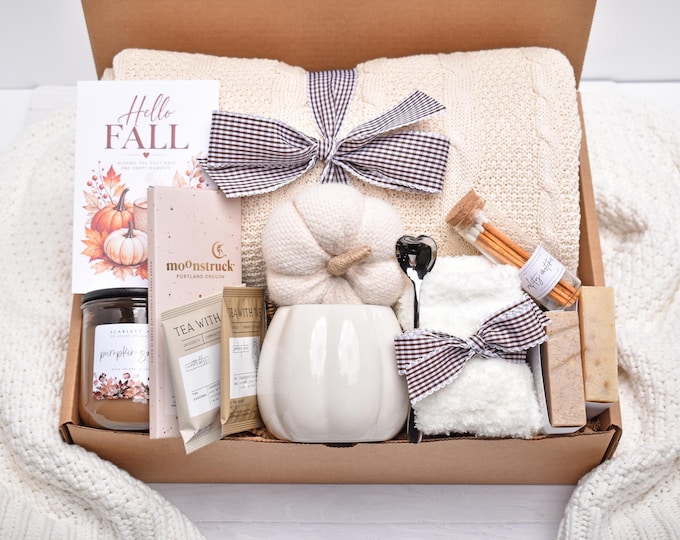 Cozy Fall Care Package, Candle And Soap Gift Box, Tea & Mug Gift Set, Thinking Of You, Holiday Gift Baskets For Women