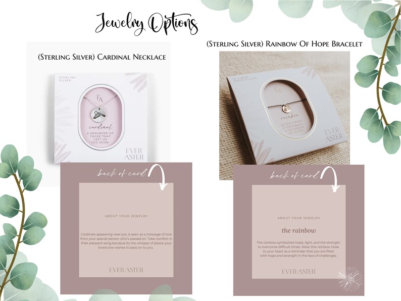 Puede incluir: Se muestran dos opciones de joyer&iacute;a: un collar de cardenal de plata de ley y una pulsera arco&iacute;ris de la esperanza. El collar presenta un colgante de cardenal, y la pulsera tiene un peque&ntilde;o dije de arco&iacute;ris. Ambos se presentan en cajas de regalo.