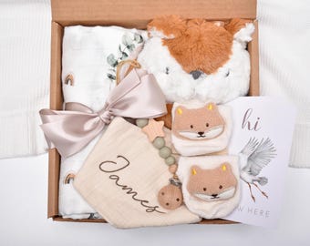 Newborn Baby Boy Gift Basket, Newborn Baby Girl Gift Box, Gender Neutral, Mother To Be, Organic Swaddle Blanket, Fox Lovey