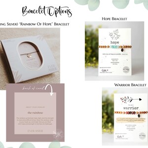 May include: A collection of three bracelets labeled Bracelet Options, including a sterling silver Rainbow of Hope bracelet in packaging, a Hope bracelet with light blue and brown beads on a card, and a Warrior bracelet with brown beads on a card.