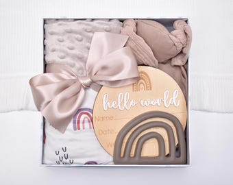 New Baby Girl Gift Box, Rainbow Baby Blanket, Newborn Baby Girl Boy Blanket, Gift Basket, Milestone Cards, Welcome Baby