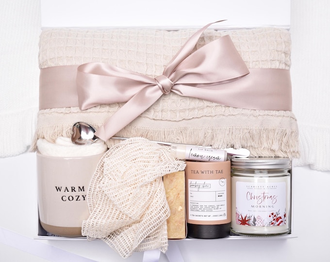 Christmas Gifts For Her, Holiday Gift Box For Women, Cozy Throw Blanket, Self Care Package, Candle, Tea & Mug Gift Set, Spa Gift Basket