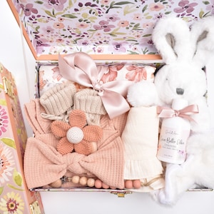 Newborn Baby Girl Gift Box, Baby Shower Gift Box, Floral Baby Blanket, New Mom And Baby Gift Basket, Bunny Gift Set, New Mom Care Package