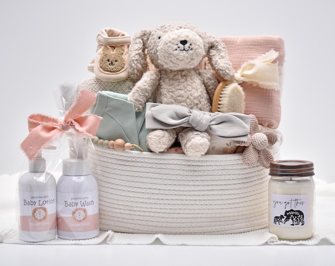 Deluxe Newborn Baby Girl Gift Basket, Baby Shower Gift Box, New Mom And Baby, Congratulations Mama, Organic Baby Blanket