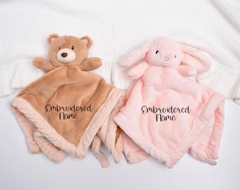Personalized Embroidered Name Lovey, Security Blanket, Custom Lovey, Baby Bear, Pink Bunny, Newborn Baby Boy, Baby Girl Gift
