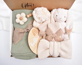 Newborn Baby Girl Gift Box, New Baby Gift Basket, Baby Shower Gift Box, Embroidered Knit Baby Blanket, New Mom Care Package, Bunny Gift Set