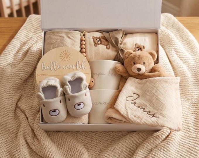 First Time Expecting Parents Gift Set, Newborn Baby Girl Gift Box, Baby Boy Gift Basket, Mama Papa Bear Mug, New Mom and Dad, Gender Neutral