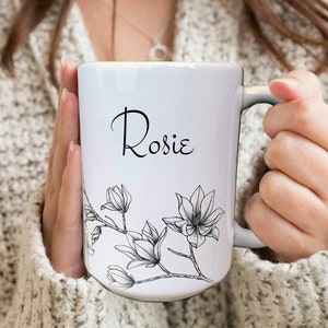 Magnolia Flower Mug, Personalized Name Mug, Custom Name Mug, Custom Tea Mug, Mom Birthday Gift, Birthday Gifts For Her, Coffee Lover Gift image 1