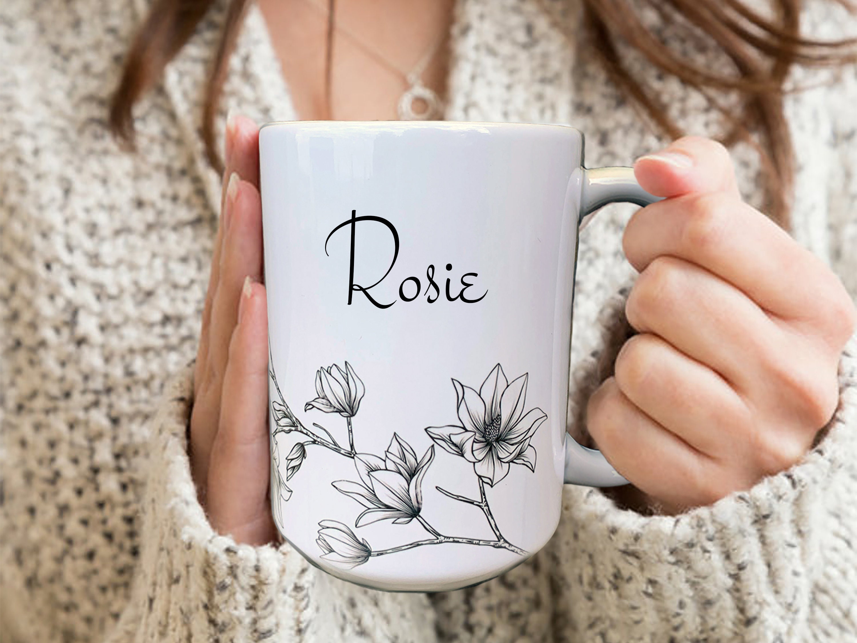 Magnolia Flower Mug, Personalized Name Mug, Custom Name Mug, Custom Tea Mug,  Mom Birthday Gift, Birthday Gifts For Her, Coffee Lover Gift