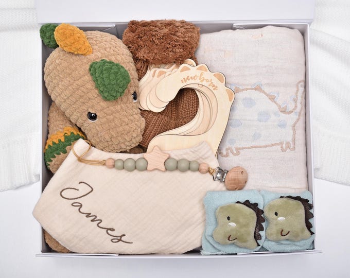 Personalized Newborn Baby Boy Gift Box, Crocheted Dinosaur Gift Set, Baby Gift Basket, Baby Shower Gift Box, Gender Neutral
