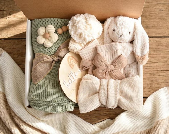 Newborn Baby Girl Gift Box, New Baby Gift Basket, Baby Shower Gift Box, Embroidered Knit Baby Blanket, New Mom Care Package, Bunny Gift Set