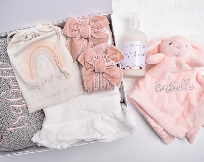 New Mom And Baby Girl Gift Box, Baby Shower Gift Basket, Newborn Baby Girl, Embroidered Blanket, Personalized Lovey, Milestone Cards
