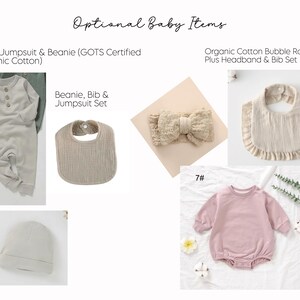 May include: A collection of baby items including a sand-colored long-sleeve jumpsuit with buttons, a matching beanie, a textured bib, a bow headband, and a pink long-sleeve bubble romper. The text reads Optional Baby Items, Sand Jumpsuit & Beanie, Beanie, Bib & Jumpsuit Set, and Organic Cotton Bubble Romper Plus Headband & Bib Set.