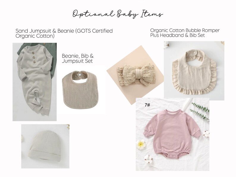 May include: A collection of baby items including a sand-colored long-sleeve jumpsuit with buttons, a matching beanie, a textured bib, a bow headband, and a pink long-sleeve bubble romper. The text reads Optional Baby Items, Sand Jumpsuit & Beanie, Beanie, Bib & Jumpsuit Set, and Organic Cotton Bubble Romper Plus Headband & Bib Set.
