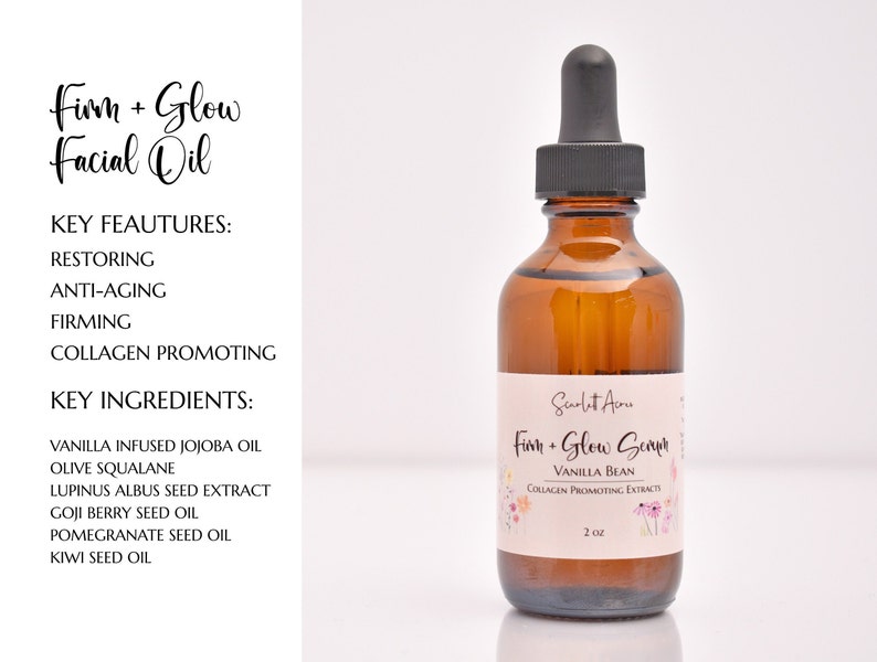 Puede incluir: Una botella de vidrio &aacute;mbar de 2 onzas con un gotero negro lleno de un l&iacute;quido transparente. La etiqueta dice "Firm + Glow Serum Vanilla Bean Collagen Promoting Extracts".
