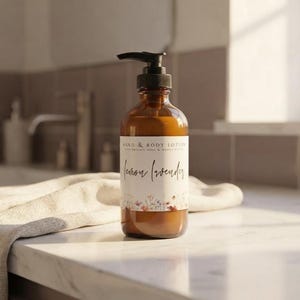 May include: An amber glass bottle with a black pump dispenser containing hand and body lotion. The white label features the text Hand & Body Lotion and Lemon Lavender in black script, with a small floral illustration at the bottom of the label.