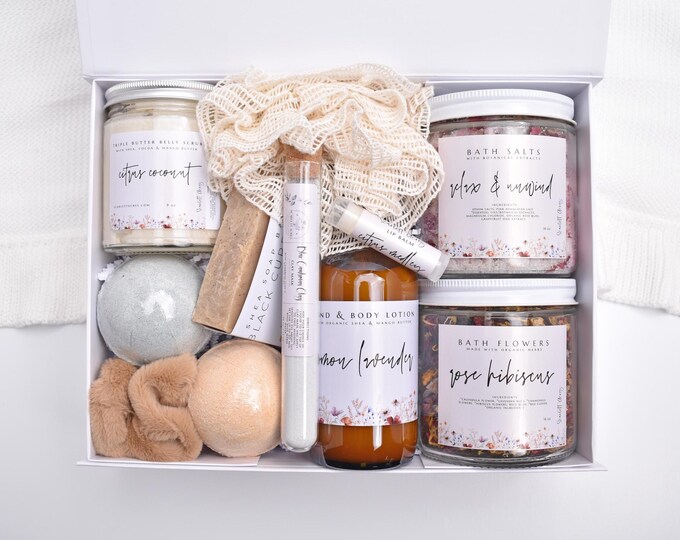 Pamper Home Spa Kit, Self Care Gift Box, Large Bath Gift Set, Organic Spa Gift Box, Gift Baskets Women, Bath Bombs, Care Package For Her