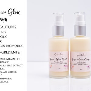 May include: Two 2-ounce bottles of Renew + Glow Serum, a skincare product with a vanilla rose scent. The bottles are clear glass with silver pumps and pink labels. The label text includes the product name, scent, and key ingredients: Vitamin C, Peptides, and Niacinamide.