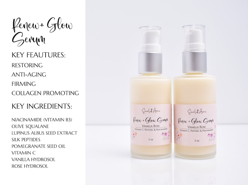 May include: Two 2-ounce bottles of Renew + Glow Serum, a skincare product with a vanilla rose scent. The bottles are clear glass with silver pumps and pink labels. The label text includes the product name, scent, and key ingredients: Vitamin C, Peptides, and Niacinamide.