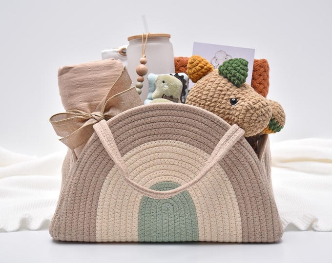 Newborn Baby Boy Gift Box, Crocheted Dinosaur Gift Set, Baby Gift Basket, Baby Shower Gift Box, Gender Neutral