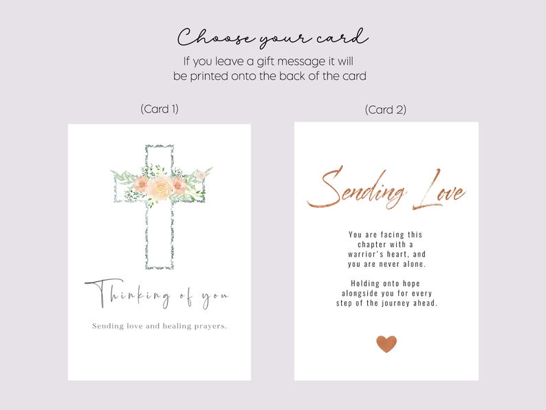 Op de afbeelding: Twee rechthoekige wenskaarten. Kaart 1 toont een kruis met perzikkleurige bloemen en groene bladeren, met de tekst 'Thinking of you' en 'Sending love and healing prayers.' Kaart 2 toont de tekst 'Sending Love' en een ondersteunende boodschap.