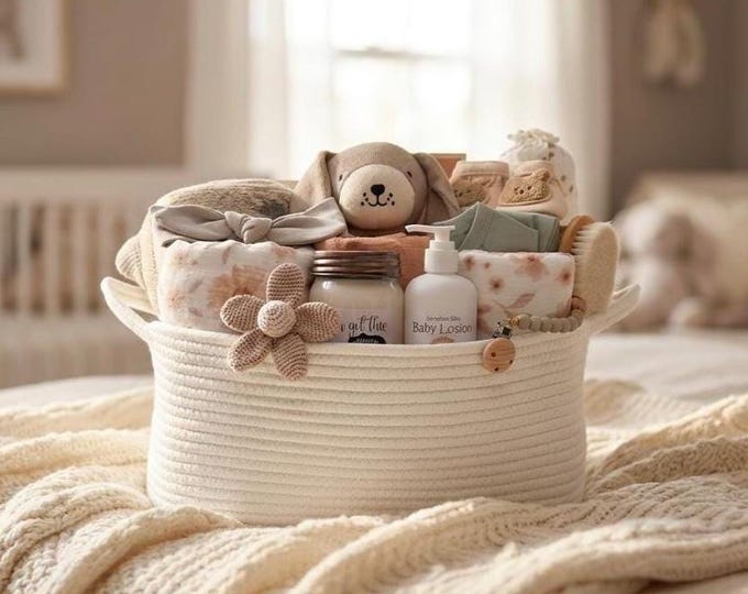 Deluxe Newborn Baby Girl Gift Basket, Baby Shower Gift Box, New Mom And Baby, Congratulations Mama, Organic Baby Blanket