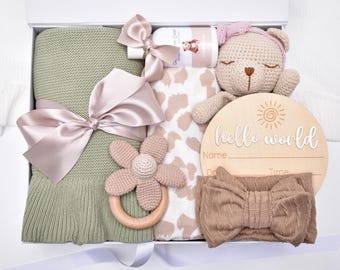 Newborn Baby Girl Gift Basket, New Baby Girl Gift Box, Congratulations Mama, Baby Shower Gift Box, Knit Blanket, Crocheted Bear Lovey