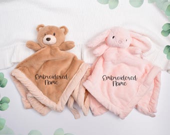 Personalized Embroidered Name Lovey, Security Blanket, Custom Lovey, Baby Bear, Pink Bunny, Newborn Baby Boy, Baby Girl Gift
