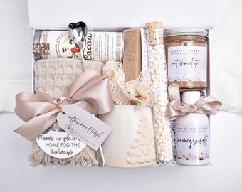 Hot Chocolate Gift Box, Winter Holiday Gift Basket, Hot Cocoa Gift Set, Gift Box Women, Comfort Care Package For Her, Organic Spa Gift Box