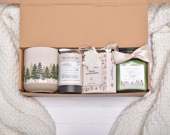Winter Holiday Gift Basket With Caramels, Tea & Mug Gift Set, Christmas Gift Box For Women, Comfort Care Package For Her