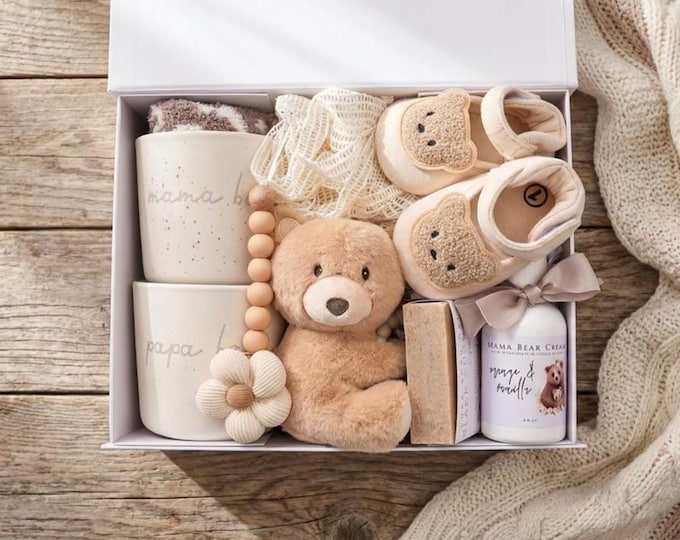 First Time New Parents Gift Set, Gift Basket, Mama Papa Bear Mug, Mom And Baby, New Mom Care Package, Pregnancy Gift Box, Expecting Mother