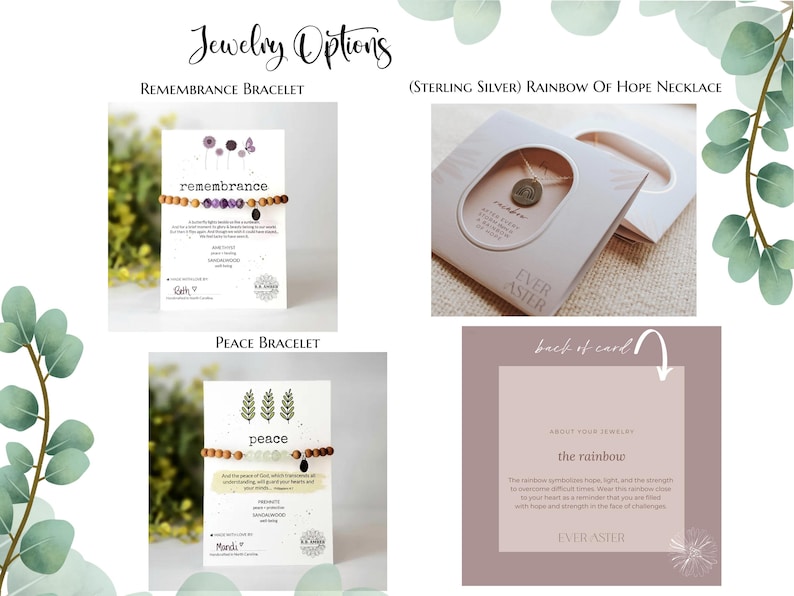 Puede incluir: Opciones de joyer&iacute;a con una pulsera Remembrance con cuentas moradas, una pulsera Peace con cuentas verdes y un collar Rainbow of Hope. Cada art&iacute;culo se muestra en una tarjeta con texto y un dise&ntilde;o decorativo.