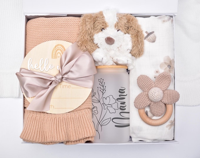 Newborn Baby Girl Gift Box, New Mom And Baby Gift, Baby Shower Gift Box, Knit Baby Blanket, New Baby Gift Basket, Mama And Baby Gift