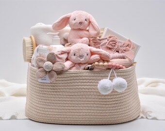 Personalized Newborn Baby Girl Gift Box, Large Gift Basket, Baby Shower Gift, Deluxe Baby Hamper, Knit Blanket, Pink Bunny Lovey
