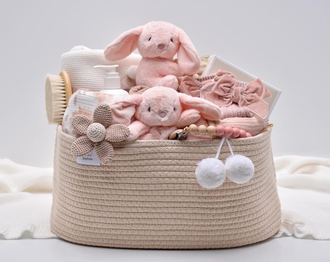 Personalized Newborn Baby Girl Gift Box, Large Gift Basket, Baby Shower Gift, Deluxe Baby Hamper, Knit Blanket, Pink Bunny Lovey