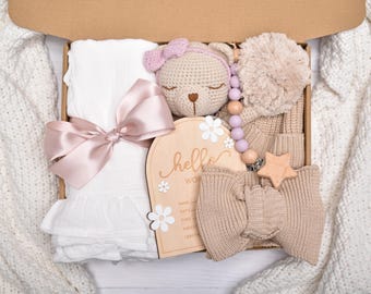 Newborn Baby Girl Gift Box, New Baby Gift Basket, Baby Shower Gift Box, Welcome Baby Girl, Congratulations Mama, Knit Baby Blanket