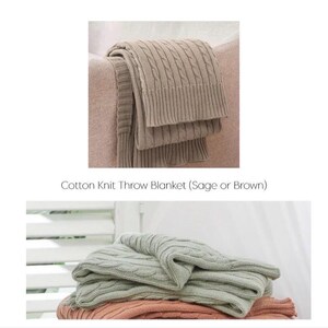 May include: A cotton knit throw blanket featuring a cable knit pattern with ribbed edges. The text Cotton Knit Throw Blanket (Sage or Brown) is displayed between two images showing the blanket in brown and sage green color options.