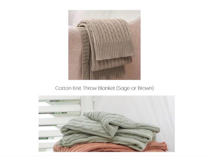 May include: A cotton knit throw blanket featuring a cable knit pattern with ribbed edges. The text Cotton Knit Throw Blanket (Sage or Brown) is displayed between two images showing the blanket in brown and sage green color options.
