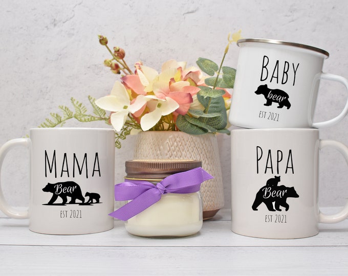 Mama Bear Mug Set, Papa Bear Mug, Baby Bear Mug, Baby Shower Gift, New Parents Gift Box, Mommy And Me Gift, First Time Parents Gift