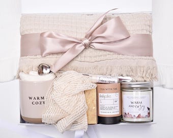 Cozy Winter Gifts For Her, Thank You Gift Box For Women, Throw Blanket, Self Care Package, Candle, Tea & Mug Gift Set, Spa Gift Basket