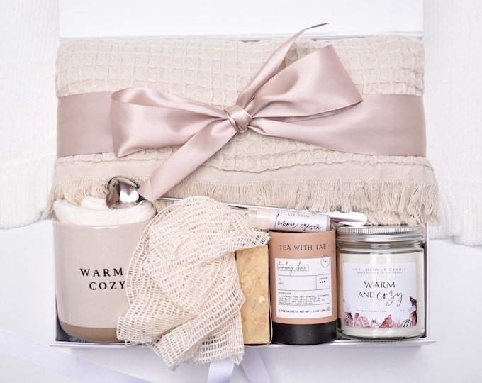 Cozy Winter Gifts For Her, Thank You Gift Box For Women, Throw Blanket, Self Care Package, Candle, Tea & Mug Gift Set, Spa Gift Basket