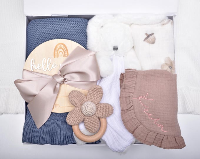 Personalized Newborn Baby Girl Gift Box, Baby Shower Gift Box, Knit Baby Blanket, New Mom And Baby Gift Basket