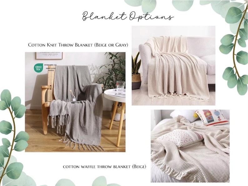 Op de afbeelding: Een collectie katoenen plaids met een gebreide textuur in grijs en een wafeltextuur in beige. De afbeelding bevat de tekst Blanket Options, Cotton Knit Throw Blanket (Beige or Gray) en Cotton Waffle Throw Blanket (Beige).