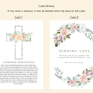 Puede incluir: Dos opciones de tarjetas de condolencia. La tarjeta 1 presenta una cruz adornada con flores melocot&oacute;n y blancas y el texto "A Whisper From Heaven". La tarjeta 2 muestra una corona floral con el texto "Sending Love".